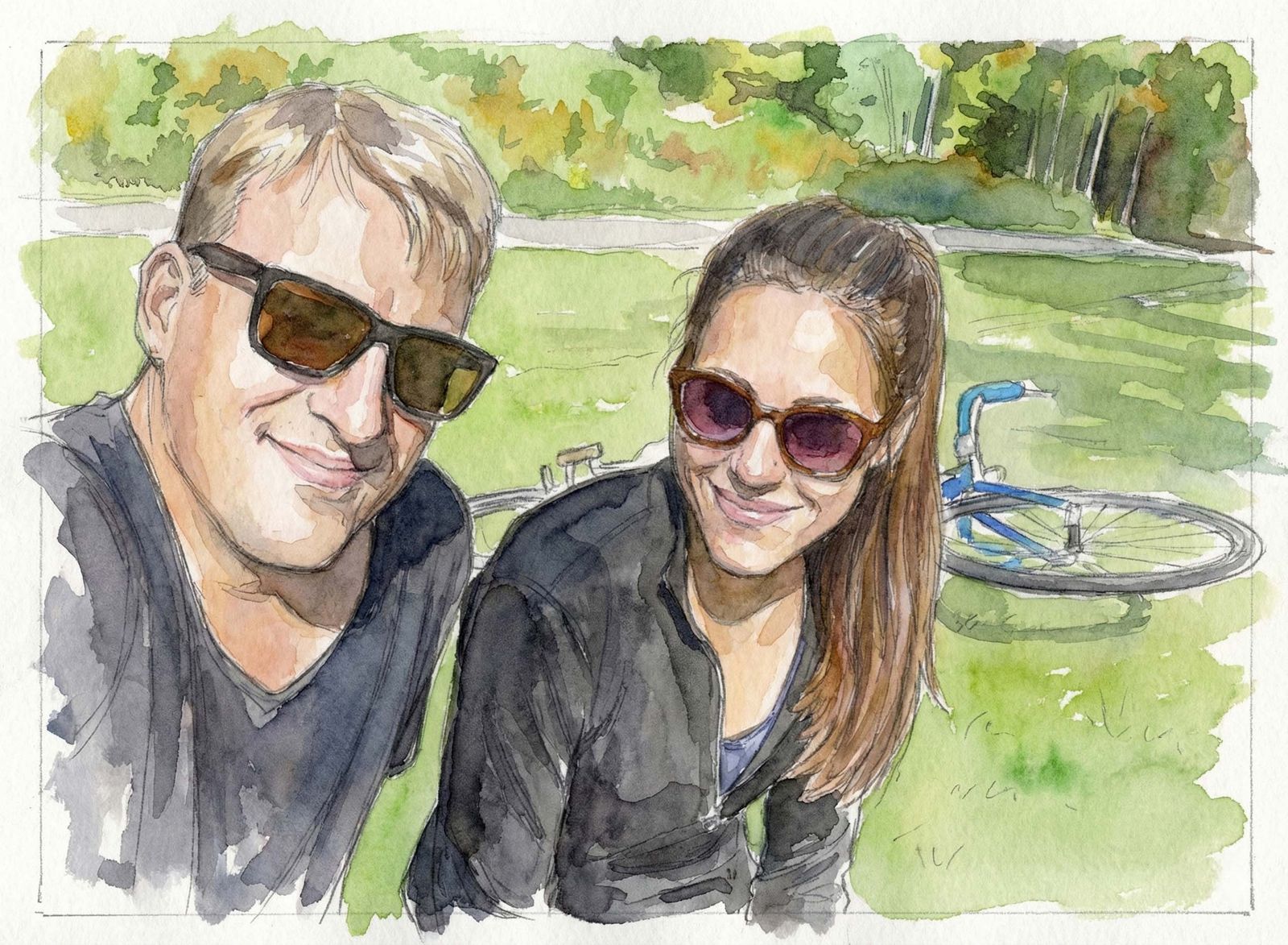 A watercolour portrait of the author and his wife, with a bike behind them